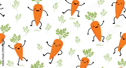 Lively seamless pattern showcasing numerous cheerful cartoon carrots with happy faces and vibrant green tops, playfully dancing amidst small plant elements on a bright white background.