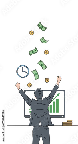 Successful businessman celebrating financial growth and wealth accumulation.