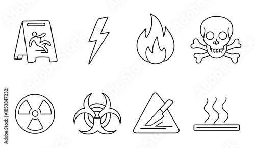 Safety hazard icons: radiation, fire, biohazard, skull, wet floor, lightning, sharp objects, smoke