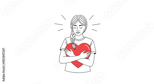Heartfelt line art illustration of a serene woman with braided hair gently embracing a large red heart, beautifully symbolizing self-love, self-care, and inner peace.