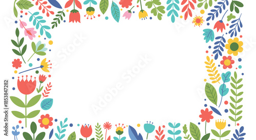 Cheerful rectangular frame beautifully composed of a vibrant assortment of colorful cartoon flowers and charming green leaves, creating a lively border on a clean white background.