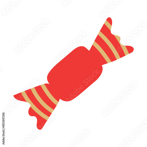 Wrapped candy vector illustration. Cute sweet in festive red wrapper with stripes isolated on white background. Decorative Christmas treat in flat cartoon style, xmas ornament, winter holiday design