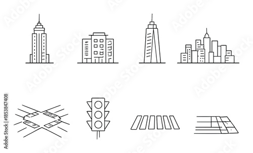 Minimalist urban icons: buildings, traffic lights, and crosswalks