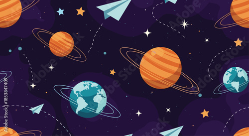 Whimsical seamless pattern showcasing colorful planets, twinkling stars, and paper airplanes floating through a dark, starry outer space, ideal for children.