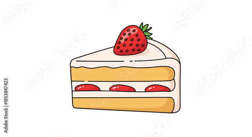 Delicious slice of strawberry cake, layered with fluffy white frosting and fresh strawberries, perfect for a sweet treat or celebration.
