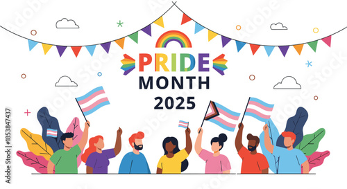 Diverse group of individuals proudly holding various LGBTQ+ flags under a "Pride Month 2025" banner, celebrating diversity, equality, and inclusion.