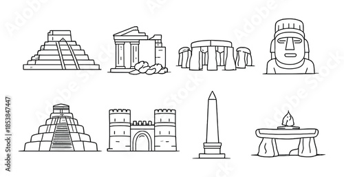Ancient global monuments: pyramids, stonehenge, easter island moai, and more iconic structures
