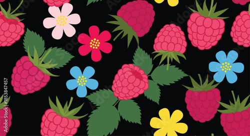 Delicious seamless pattern featuring vibrant pink raspberries and an array of colorful abstract flowers scattered across a striking black background.