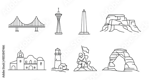 Famous landmark icons: bridge, tower, monument, natural rock formations, lighthouse, sculpture, arch