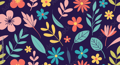 Lively seamless pattern featuring a whimsical array of colorful abstract flowers and delicate leaves scattered across a deep navy blue background.