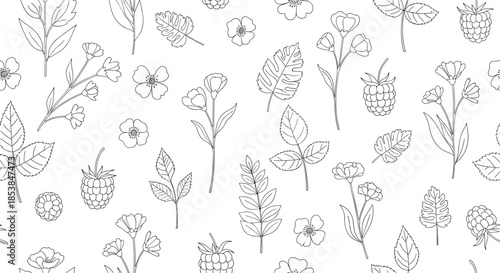 Charming seamless pattern featuring delicate outline flowers, intricate leaves, and delicious raspberries with textured line work on a clean white background.