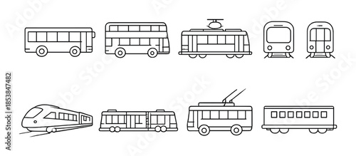 Simple outline icons of urban public transportation vehicles on gray background