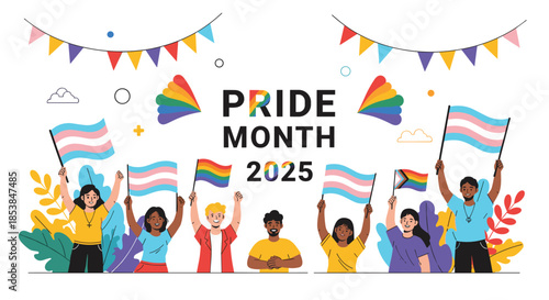 Inclusive group of diverse people proudly holding various LGBTQ+ flags under a festive "Pride Month 2025" banner, celebrating love and human rights.