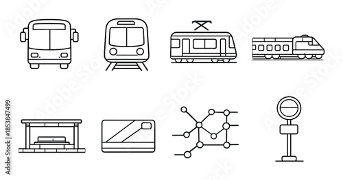 Minimalist transport icons: bus, train, transit card, station, network, signage