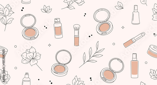 Elegant seamless pattern showcasing delicate outline makeup products like compacts, brushes, and bottles, interspersed with graceful leaves on a soft pink background.