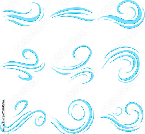 Stylized blue graphic elements representing various dynamic movements of wind gusts, air flow, and breeze, depicting weather conditions and natural forces