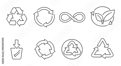 Set of eight recycling and sustainability symbols on gray background