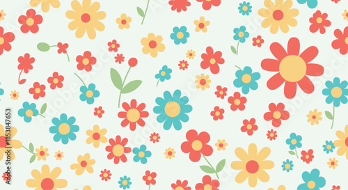 Cheerful seamless pattern featuring an abundance of small colorful flowers playfully scattered across a crisp light background, perfect for spring and summer.