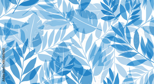 Refreshing seamless pattern showcasing various transparent blue leaves elegantly overlapping each other, creating a modern and serene botanical design on a white background.