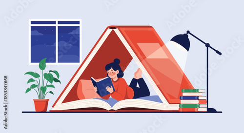 Cozy scene depicting a woman happily reading a book inside a creative "tent" constructed from giant open books, illuminated by a lamp.
