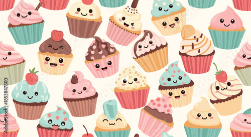 Delightful seamless pattern featuring an array of cute cartoon cupcakes, each with an adorable happy face, vibrant colors, and sweet toppings, perfect for celebrations.