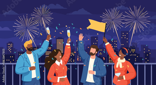 Diverse group of joyful people celebrating on a city rooftop, enjoying dazzling fireworks against a vibrant night skyline, perfect for New Year's Eve.