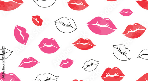 Playful seamless pattern featuring an array of vibrant red and pink lips, some outlined, scattered across a clean white background, conveying love and beauty.