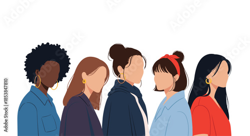 Modern illustration featuring five diverse women standing side-by-side, showcasing various hairstyles and contemporary attire, symbolizing unity and female diversity.