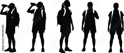 Backpacker silhouette vector set, standing and drinking poses, black human figures in outdoor travel and hiking activity design