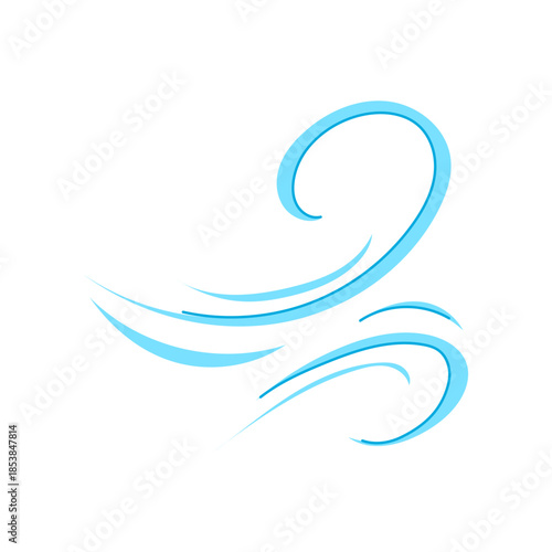 Blue abstract wind element creating swirling and flowing lines, representing air movement, breeze, or meteorology in a graphic and isolated icon style