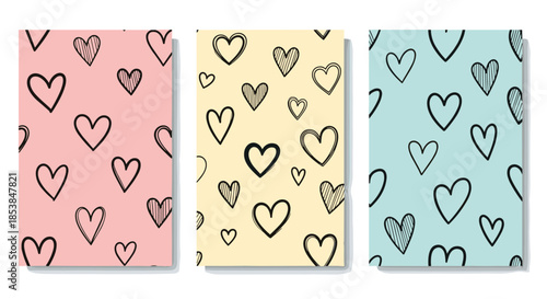 Lovely collection of three seamless patterns, each featuring hand-drawn hearts in various styles on delightful pastel pink, yellow, and blue backgrounds.