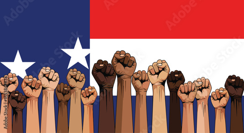 Powerful display of numerous diverse raised fists against a patriotic blue, white, and red flag with stars, symbolizing unity, protest, and freedom.