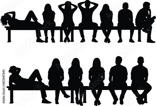 Bench silhouettes, people sitting, reclining pose, social seating, posture art, group arrangement, human gesture, relaxation illustration, psychology design