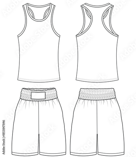 Men Sports Tank Top and Athletic Shorts Technical Flat Vector Mockup Front and Back View