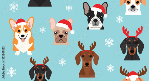 Festive seamless pattern featuring an adorable assortment of dog faces wearing various Christmas hats and reindeer antlers, playfully scattered with snowflakes on a light blue background.