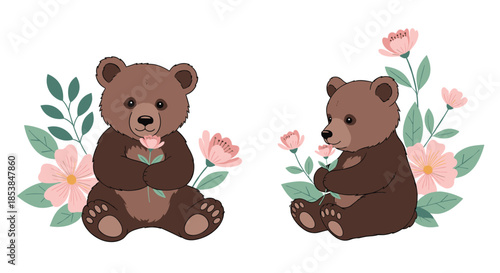 Adorable pair of bear cubs sitting amidst delicate pink flowers and green leaves, with one holding a blossom, perfect for cute nature themes.