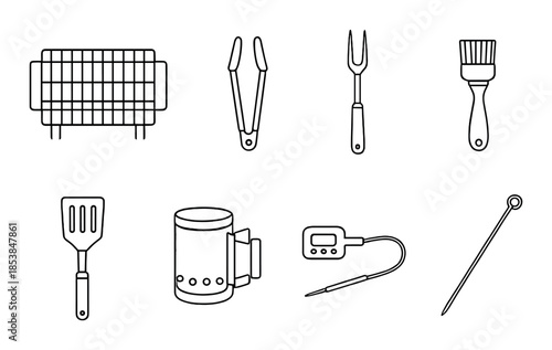 Grill and bbq accessories: spatula, tongs, chimney starter, thermometer, basting brush