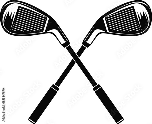 Crossed golf clubs silhouette vector, black sports icon with stylized club heads for golfing logo and recreation design