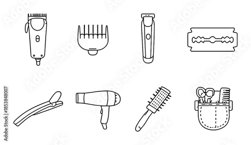 Barber tools on dark background with hair clipper, comb, razor, brush, and scissors icons