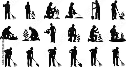 Gardening activity silhouette vector set, people planting, watering, raking, digging, black human figures in outdoor work design