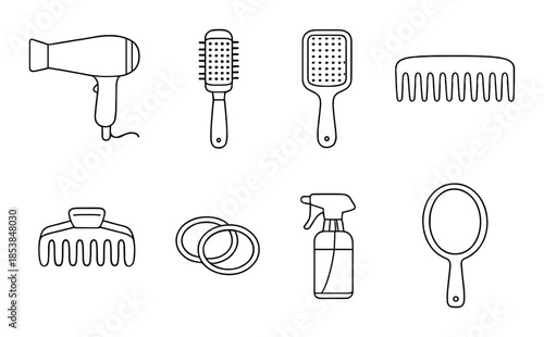 Hair styling tools icon set featuring hairdryer brush comb spray mirror