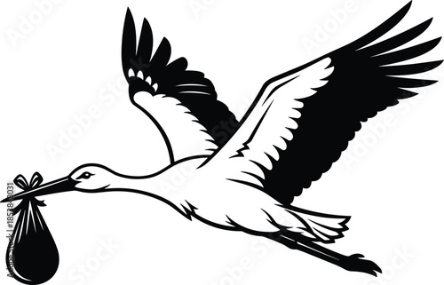 Flying stork silhouette, carrying bundle, baby delivery symbol, folklore bird, birth icon, new beginnings, cultural motif, parenting illustration