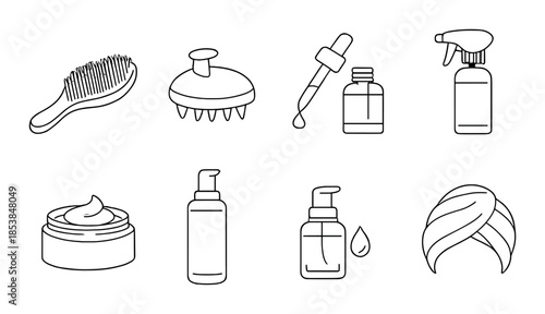 Monochrome hair and skincare icons set with tools and products