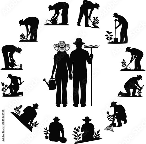 Gardening silhouettes, man woman teamwork, planting, watering, raking, digging, garden tools, outdoor work, horticulture art, agriculture illustration, farming design