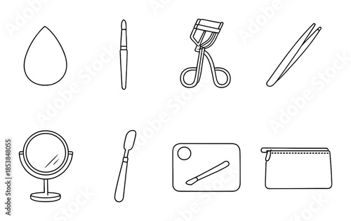 Essential makeup tools: brushes, curler, tweezers, and mirror icons on black background
