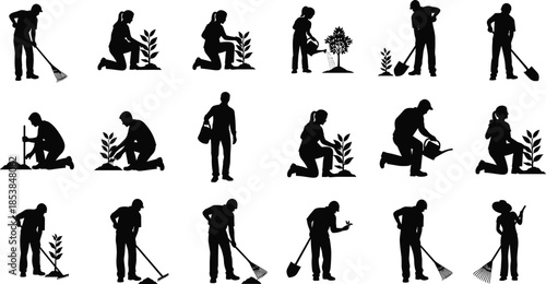 Gardening silhouettes, people working, planting, watering, raking, digging, garden tools, outdoor activity, farming art, horticulture illustration, agriculture design