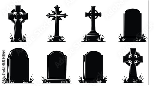 Gravestone and cross vector set, cemetery tombstone icons, funeral memorial symbols, black and white grave marker illustration collection