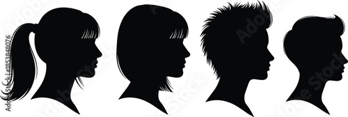 Hairstyle profile silhouette vector set, black human head icons with ponytail, bob, spiky and combed hair designs