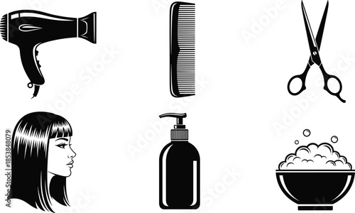 hair, care, salon, beauty, grooming, dryer, comb, scissors, shampoo, conditioner, foam, bowl, woman, profile, style,