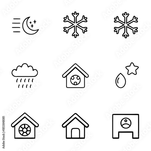 Collection of simple black outline icons representing weather conditions and pet shelter concepts for design